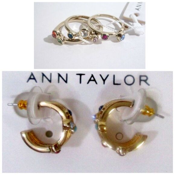 Ann Taylor Rainbow Crystal Hoop earrings Stackable Ring Set of 2 NWT 80 - Picture 1 of 3